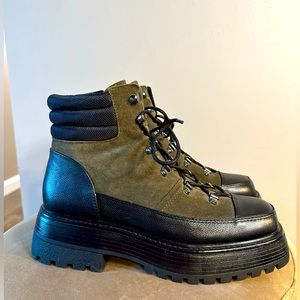 Vince Camuto platform combat boots, army green and black, size 10